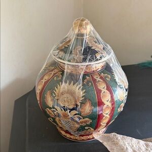 Decorative Green and Red Lidded Accent Jar